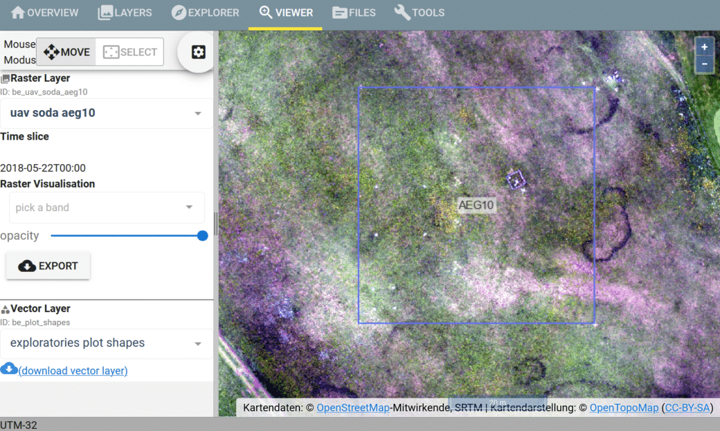 Abbildung: Der Screenshot zeigt in der Bedien-Oberfläche der internetbasierten Fernerkundungsdatenbank R S D B die Luftaufnahme einer Drone.