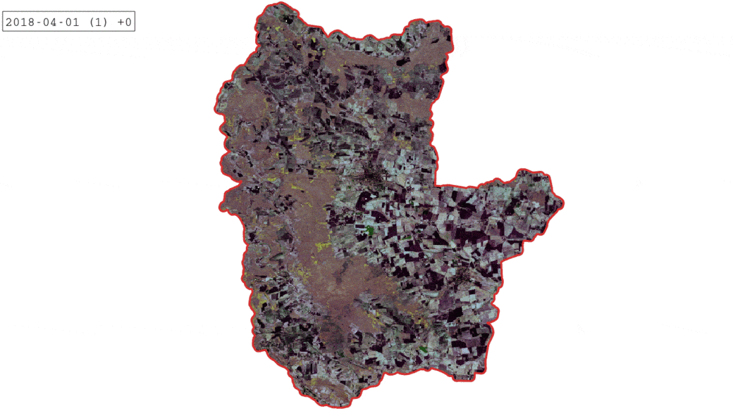 Picture: The satellite image shows the Exploratory Hainich in its landscape state on the first of April in the year two thousand and eighteen. Clicking on the image shows in quick succession with one image per month the time series of the monthly development of the landscape until November two thousand and twenty.