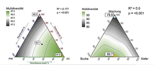 Abbildung: Das Diagramm zeigt Informationen zur Multidiversität von unterschiedlich zusammengesetzten „hypothetischen“ Waldlandschaften
in der Region Hainich-Dün und in der Schorfheide Chorin.