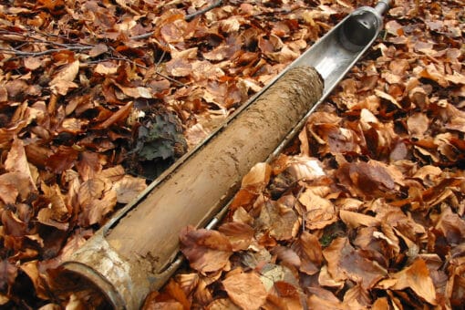 Abbildung: Das Foto zeigt einen Erdbohrstock, der auf einem mit Laub bedeckten Waldboden liegt. Im Behälter des Bohrstocks befindet sich eine lange Bodenprobe.