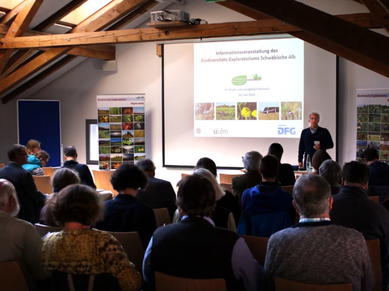 Abbildung: Das Foto zeigt die Bühne und das Publikum beim fünften Albsymposion mit dem Thema Biodiversität in der Kulturlandschaft.