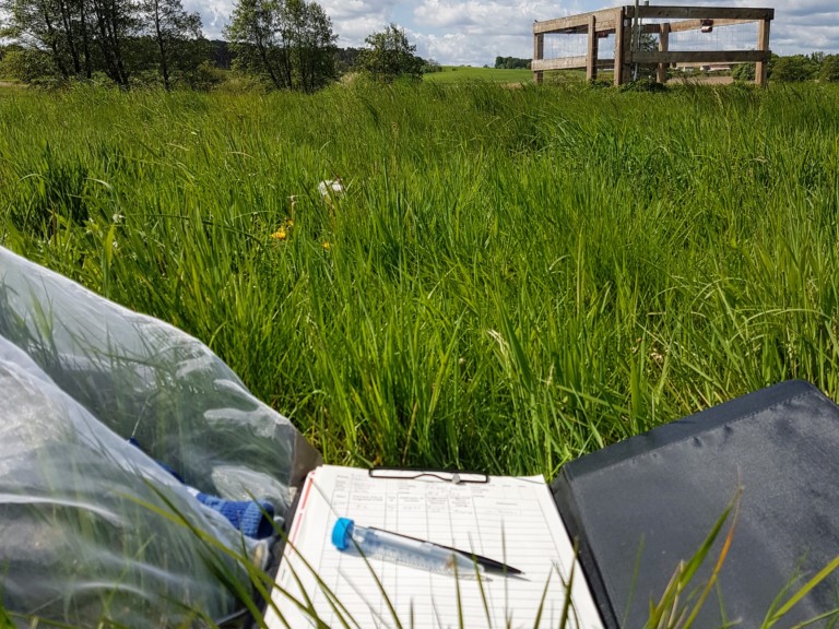 Picture: The photo shows a clipboard lying on the grass of an unmown meadow in the sunshine. Documents are attached to the clipboard. A pen and a sealed centrifuge tube are on the form above. In the background of the picture, a fenced climate measuring station, individual tall shrubs and, on the horizon, meadows and forests can be seen under a blue sky with clouds.