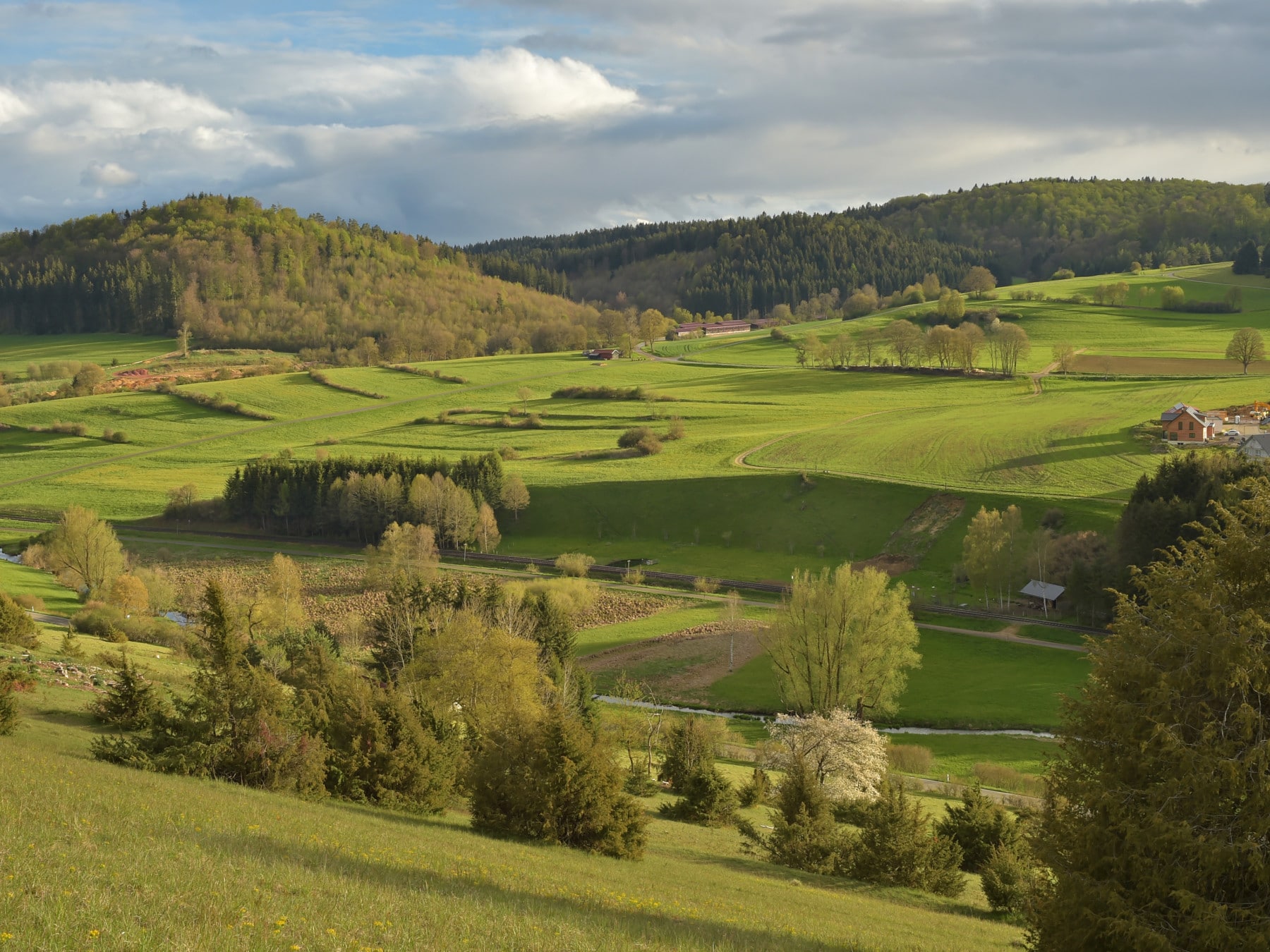 Picture: The photo is taken from a hill and shows the landscape of the Swabian Alb in springtime with the sun low in the sky. In the foreground and middle ground there are meadows with single trees and with groups of trees. In the background there are hills forested with foliage and with conifers.