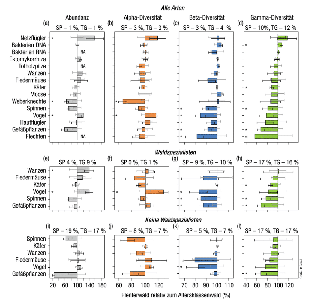 Abbildung: Das Schaubild zeigt zwölf Diagramme zur Abundanz, Alpha, Beta und Gamma-Diversität von fünfzehn  untersuchten Artengruppen von Altersklassenwald und Plenterwald im Vergleich. Bei den Artengruppen handelt es sich um Netzflügler, Bakterien, Ektomykorrhiza, Totholzpilzen, Wanzen, Fledermäusen, Käfer, Moose, Weberknechte, Spinnen, Vögel, Hautflügler, Gefäßplanzen, Flechten.