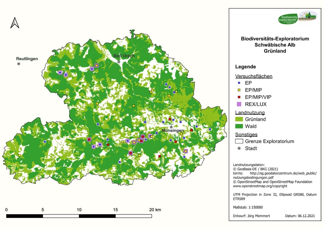 Abbildung: Die Karte zeigt die Grünland- und Waldflächen des Gebiets Schwäbische Alb. Die Positionen der Grünland-Versuchsflächen der Biodiversitäts-Exploratorien sind mit kleinen farbigen Quadraten markiert.