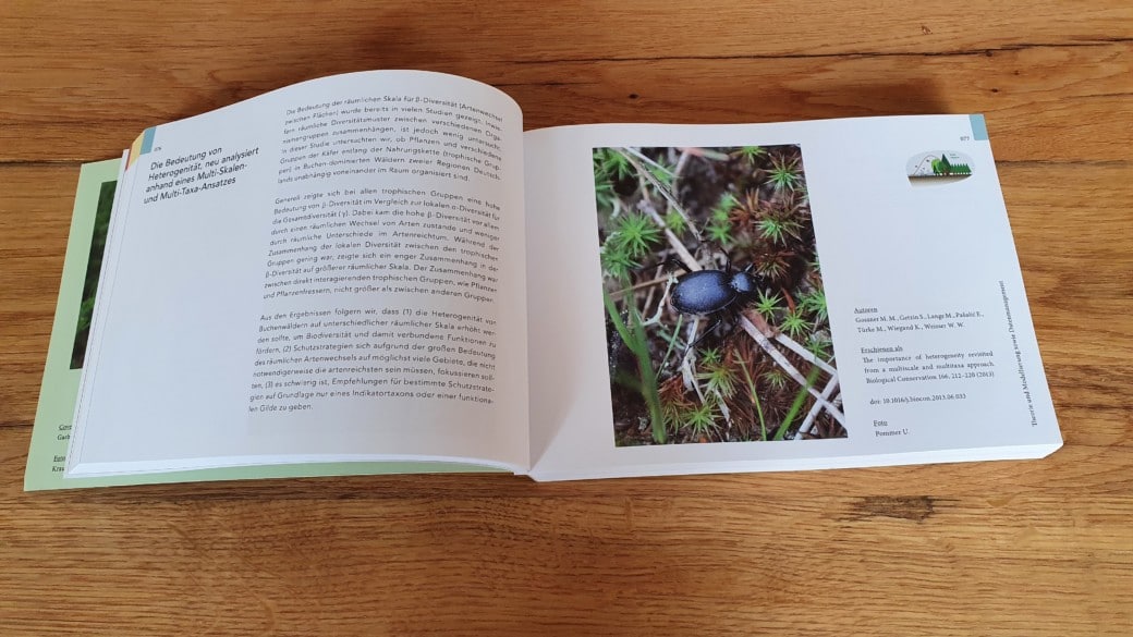 Picture: The photo shows a double-page spread of the open abstract volume Two Thousand Thirteen to Two Thousand Sixteen of the Biodiversity Exploratories.
