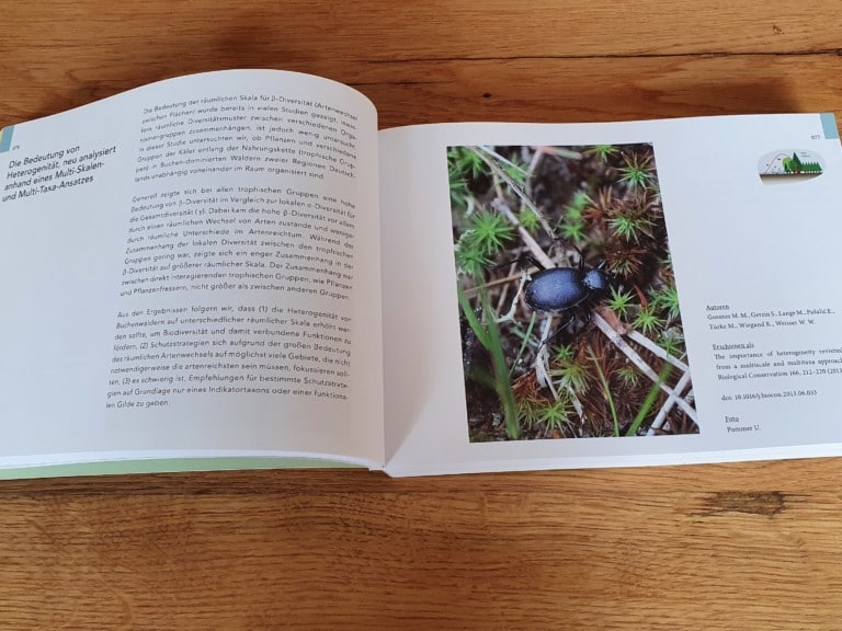 Picture: The photo shows a double-page spread of the open abstract volume Two Thousand Thirteen to Two Thousand Sixteen of the Biodiversity Exploratories.