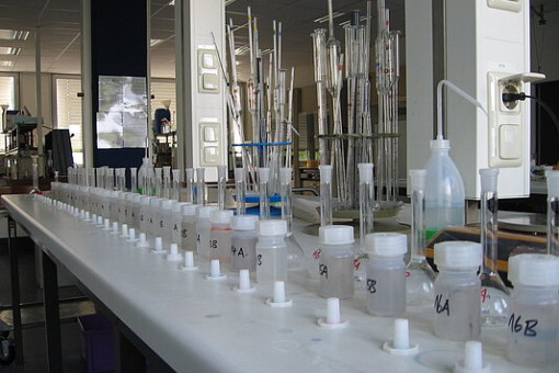 Picture: The photo shows a long table in a large laboratory room, on which containers for a series of measurements for the photometric determination of phosphorus concentration are arranged in two rows. In the first row are wide-necked plastic bottles, in the second row are glass volumetric flasks. Behind the flasks are two stands with long, thin, tubular glass containers.