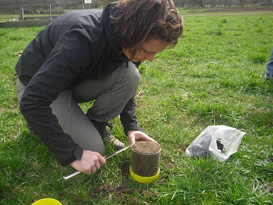 Picture: The photo shows a young female scientist kneeling in a sunlit mowed meadow with a soil sample in a clear transparent acrylic cylinder on the grass in front of her. The woman is using a knife to cut the surface of the soil sample to the size of the sample container.