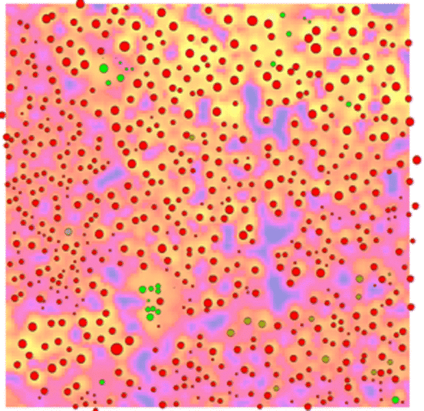 Abbildung: Die Grafik stellt in einer punktförmigen Verteilung die Überlagerung von Baumpositionen der Waldinventur und dem Kronendach aus einer Laserscanning-Befliegung dar. Die meisten der punktförmigen Markierungen sind in rot dargestellt, einige wenige in grün.