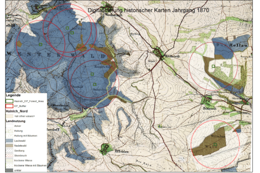 Picture: The drawing shows a historical map of the Hainich from the year eighteen hundred and seventy.