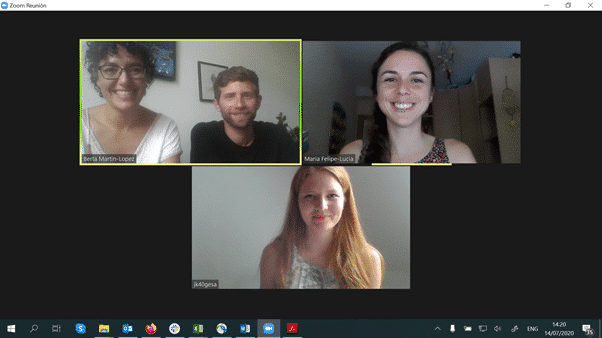 Picture: The recording from July Two Thousand Twenty shows a screenshot of the Zoom program during a video conference of the project team, consisting of Professor Doctor Berta Martin Lopez, Doctor Maria Felipe-Lucia and Jana Kachler.