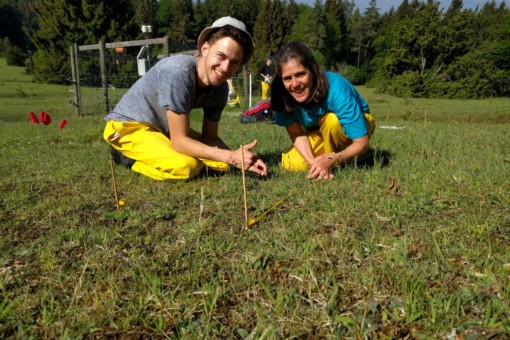 Picture: The photo shows a meadow with a female scientist and a male scientist kneeling on the ground and laying down markers. Both persons are smiling into the camera, in the background a climate measuring station and a forest can be seen.