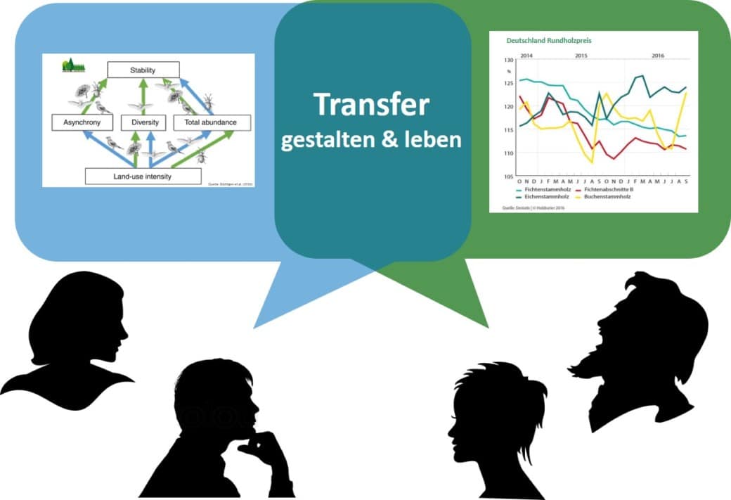 Picture: The illustration shows two overlapping coloured areas, one of which in blue represents the area of research and the other in green the area of business. The turquoise overlapping area is labelled with the phrase "Shaping and living transfer".