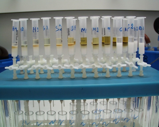 Picture: The photo shows a transparent plastic container with a blue lid containing numerous holders with syringes containing lipids inserted from the top. The holders have a twist cap to interrupt the flow. At the bottom of the container, cannulas protrude from under the holders into test tube-like tubes.
