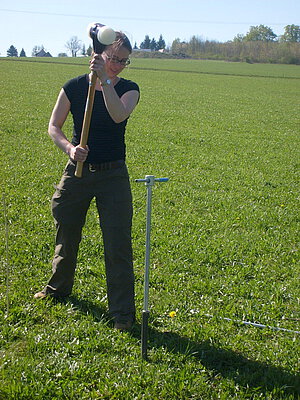 Abbildung: Das Foto zeigt auf einer grünen Wiese im Frühling eine junge Wissenschaftlerin, die einen großen Gummihammer hebt, um einen Erdbohrstock für die Entnahme von Bodenproben in die Erde zu treiben.