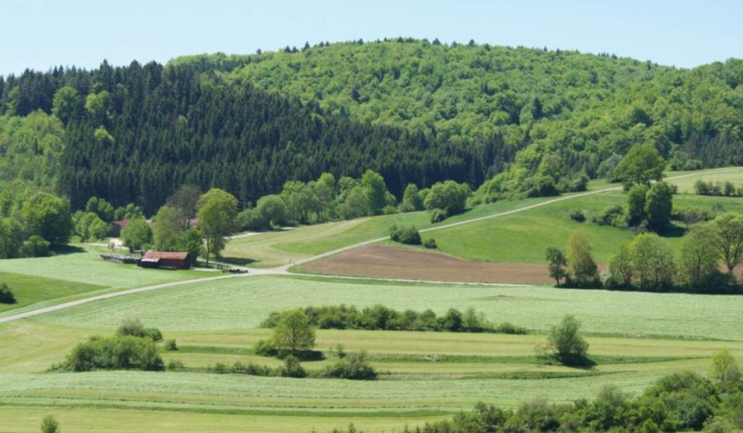 Abbildung: Das Foto zeigt eine Landschaft im Frühling. Im Vordergrund sind grüne Wiesen, Felder, Wege sowie Büsche und Bäume und ein Gehöft zu sehen. Im Hintergrund befindet sich ein mit Laub- und Nadelbäumen bewaldeter Hügel.