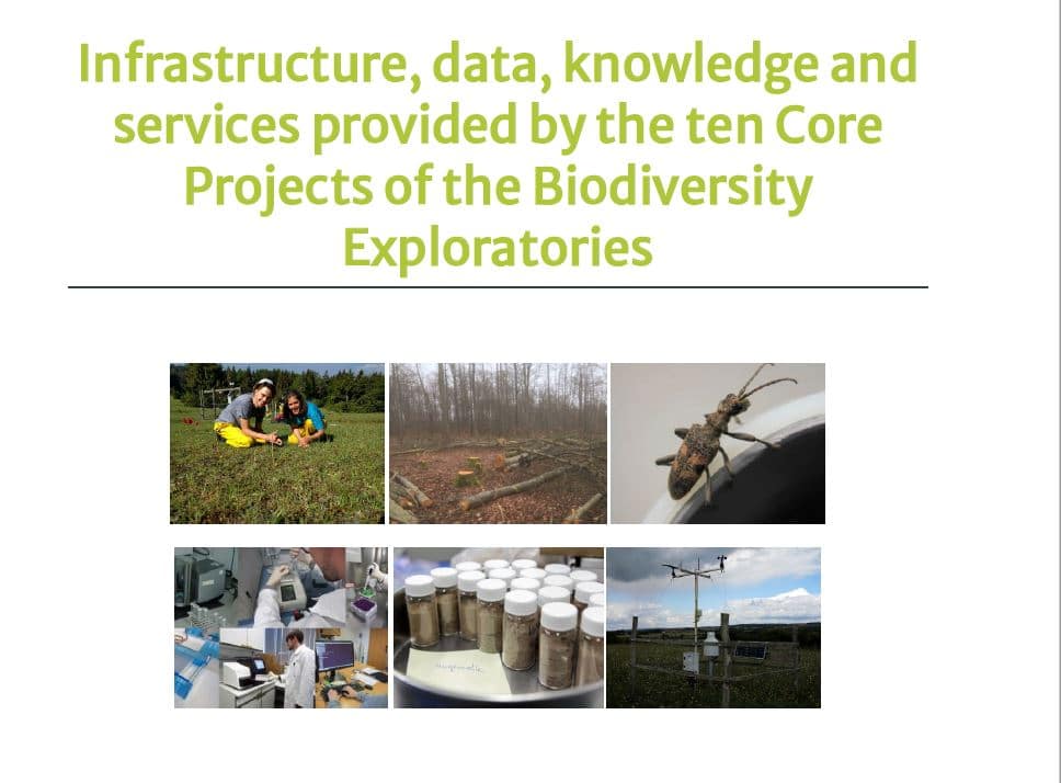 Picture: The screenshot shows the front page of a P D F brochure entitled "Infrastructure, data, knowledge and services provided by the ten Core Projects of the Biodiversity Exploratories".