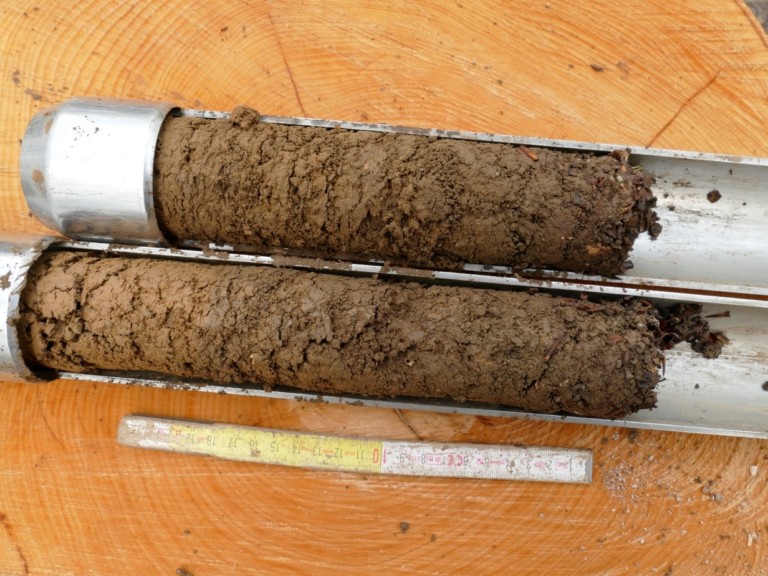 Picture: The photo shows two metal cylinders lying on a tree stump, which are used for taking soil samples. The cylinders are closed all around only at one end and are otherwise open halfway along their length. The cylinders contain soil samples of brown soil ranging in length from twenty to twenty-five centimetres. A folding rule is lying next to the cylinders for estimating the length.