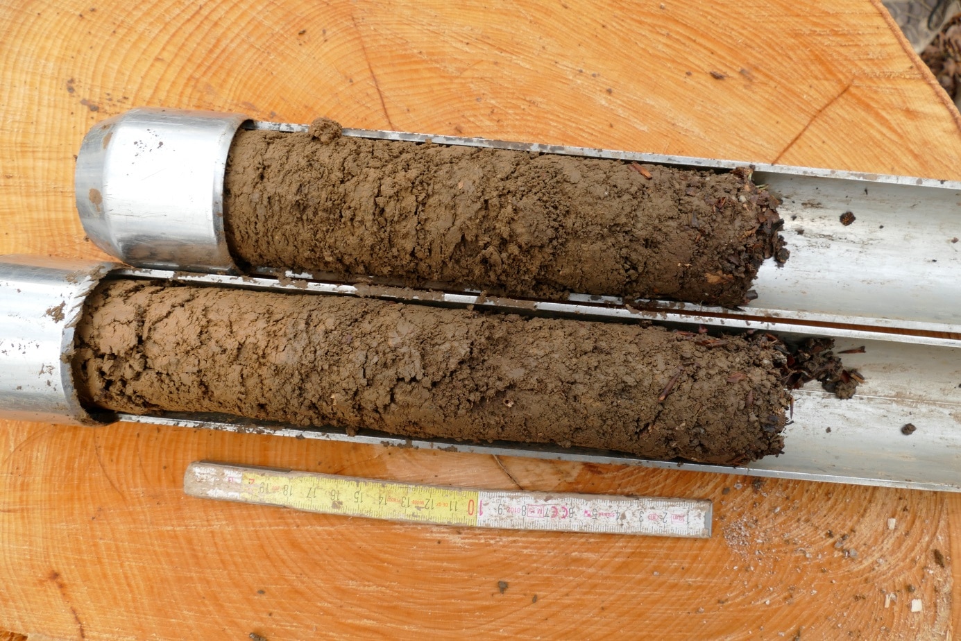 Picture: The photo shows two metal cylinders lying on a tree stump, which are used for taking soil samples. The cylinders are closed all around only at one end and are otherwise open halfway along their length. The cylinders contain soil samples of brown soil ranging in length from twenty to twenty-five centimetres. A folding rule is lying next to the cylinders for estimating the length.